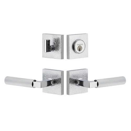 Viaggio Quadrato Leather Rosette with Contempo Fluted Lever and matching Deadbolt in Bright Chrome - 631356-QADMLTCON-FLT-BC