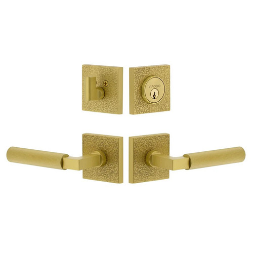 Viaggio Quadrato Leather Rosette with Contempo Fluted Lever and matching Deadbolt in Satin Brass - 631358-QADMLTCON-FLT-SB