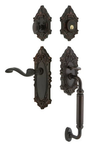 Grandeur Hardware - Grande Victorian Plate C Grip Entry Set Portofino Lever Knob in Timeless Bronze - GVCCGRPRT - 804991