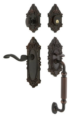 Grandeur Hardware - Grande Victorian Plate F Grip Entry Set Portofino Lever Knob in Timeless Bronze - GVCFGRPRT - 804992