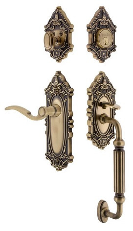 Grandeur Hardware - Grande Victorian Plate F Grip Entry Set Bellagio Lever Knob in Vintage Brass - GVCFGRBEL - 805055