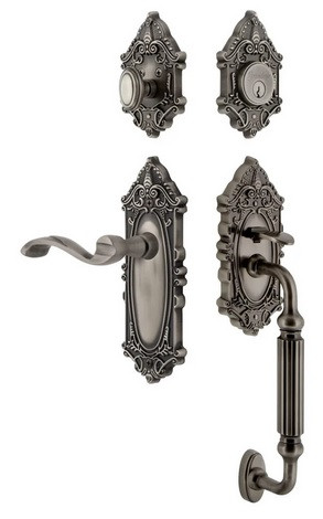 Grandeur Hardware - Grande Victorian Plate F Grip Entry Set Portofino Lever Knob in Antique Pewter - GVCFGRPRT - 805120