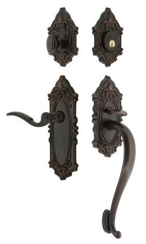 Grandeur Hardware - Grande Victorian Plate S Grip Entry Set Bellagio Lever Knob in Timeless Bronze - GVCSGRBEL - 825442