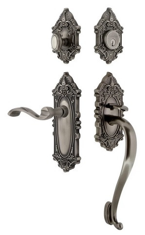 Grandeur Hardware - Grande Victorian Plate S Grip Entry Set Portofino Lever Knob in Antique Pewter - GVCSGRPRT - 825509