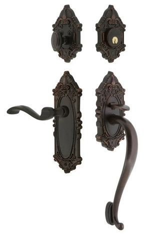 Grandeur Hardware - Grande Victorian Plate S Grip Entry Set Portofino Lever Knob in Timeless Bronze - GVCSGRPRT - 825512