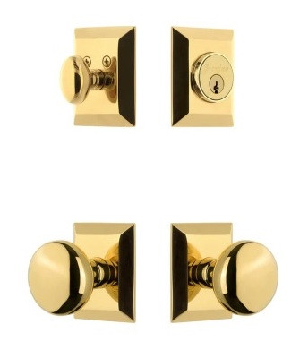 Grandeur Hardware - Fifth Avenue Square Rosette Entry Set with Fifth Avenue Knob in Lifetime Brass - FAVEXTFAK - 863100