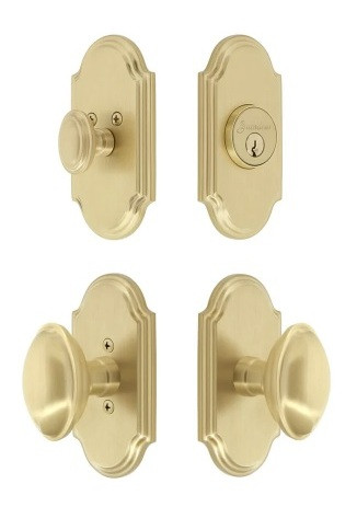 Grandeur Hardware - Arc Short Plate Entry Set with Eden Prairie Knob in Satin Brass - ASPEXTEPK - 878666