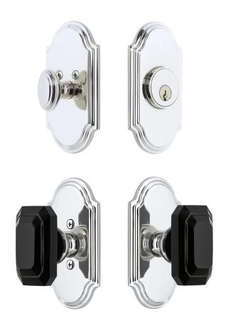 Grandeur Hardware - Arc Short Plate Entry Set with Baguette Black Crystal Knob in Bright Chrome - ASPEXTBBC - 883037