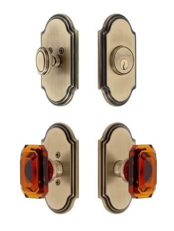 Grandeur Hardware - Arc Short Plate Entry Set with Baguette Amber Crystal Knob in Vintage Brass - ASPEXTBAC - 885173