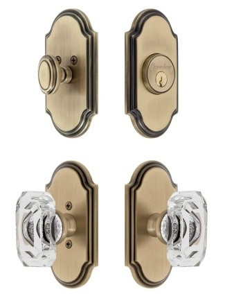 Grandeur Hardware - Arc Short Plate Entry Set with Baguette Clear Crystal Knob in Vintage Brass - ASPEXTBCC - 885221