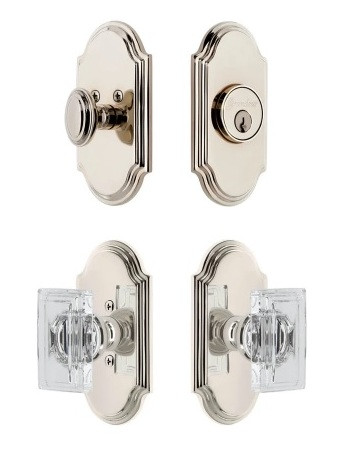 Grandeur Hardware - Arc Short Plate Entry Set with Carre Crystal Knob in Polished Nickel - ASPEXTCCK - 885308