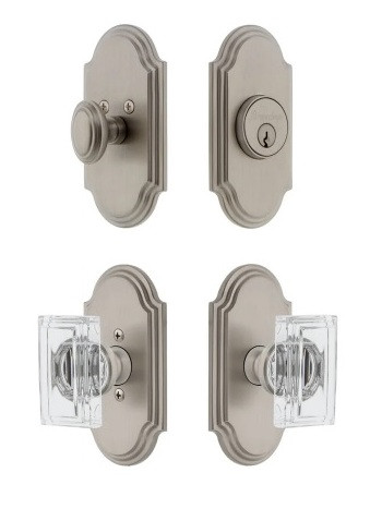 Grandeur Hardware - Arc Short Plate Entry Set with Carre Crystal Knob in Satin Nickel - ASPEXTCCK - 885309