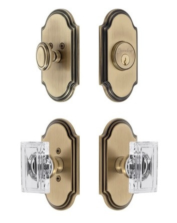 Grandeur Hardware - Arc Short Plate Entry Set with Carre Crystal Knob in Vintage Brass - ASPEXTCCK - 885317