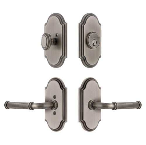 Grandeur Hardware - Arc Short Plate Entry Set with Soleil Lever in Antique Pewter - ASPEXTSOL - 885648