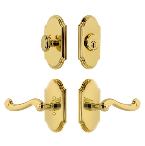 Grandeur Hardware - Arc Short Plate Entry Set with Newport Lever in Lifetime Brass - ASPEXTNEW - 885745