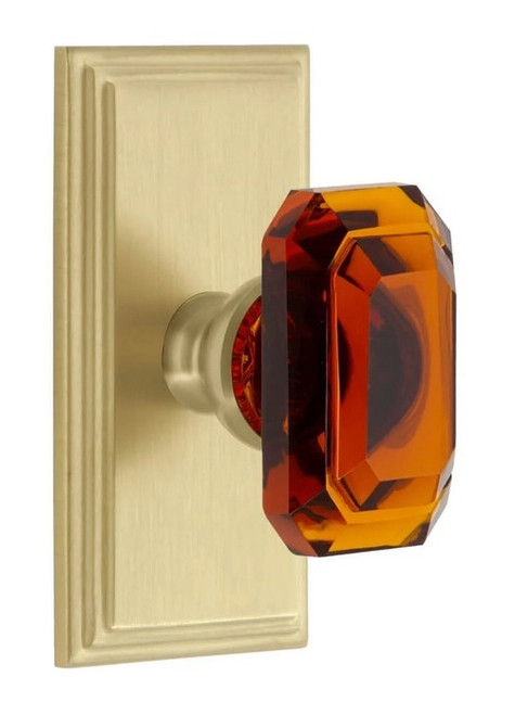 Grandeur Hardware - Carre Short Plate Single Dummy with Baguette Amber Crystal Knob in Satin Brass - CARBCA - 832660