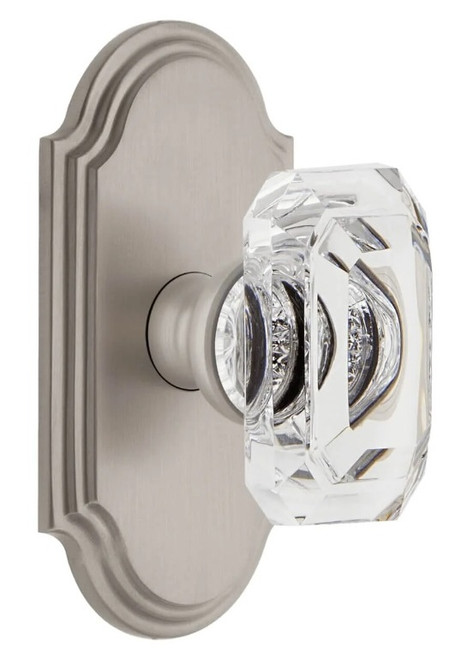 Grandeur Hardware - Arc Short Plate Passage with Baguette Clear Crystal Knob in Satin Nickel - ARCBCC - 884351