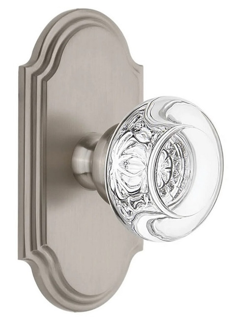 Grandeur Hardware - Arc Short Plate Passage with Bordeaux Crystal Knob in Satin Nickel - ARCBOR - 884375