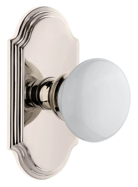 Grandeur Hardware - Arc Short Plate Passage with Hyde Park Knob in Polished Nickel - ARCHYD - 884506