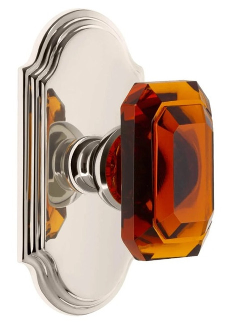 Grandeur Hardware - Arc Short Plate Privacy with Baguette Amber Crystal Knob in Polished Nickel - ARCBCA - 884738