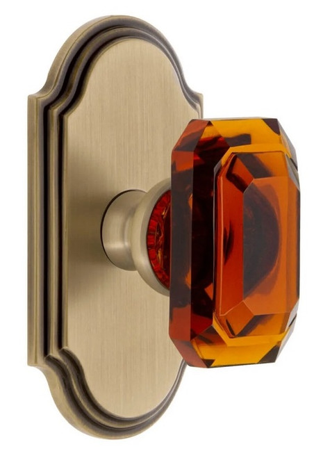 Grandeur Hardware - Arc Short Plate Privacy with Baguette Amber Crystal Knob in Vintage Brass - ARCBCA - 884749