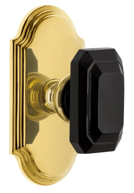 Grandeur Hardware - Arc Short Plate Privacy with Baguette Black Crystal Knob in Lifetime Brass - ARCBCB - 884759