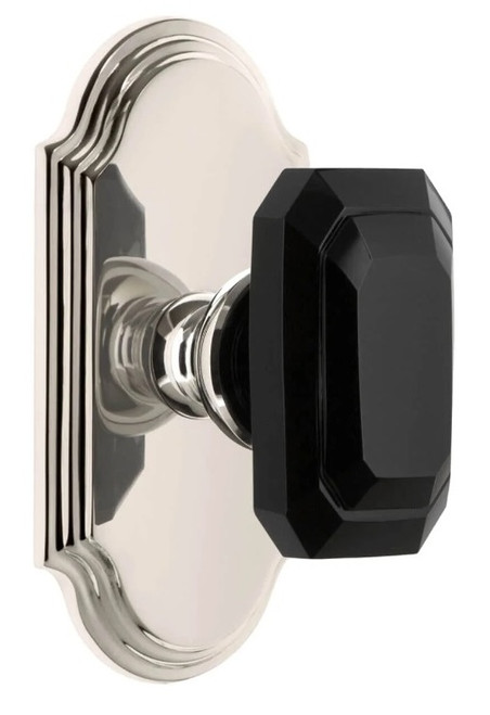 Grandeur Hardware - Arc Short Plate Privacy with Baguette Black Crystal Knob in Polished Nickel - ARCBCB - 884762