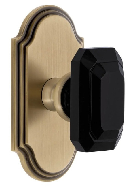 Grandeur Hardware - Arc Short Plate Privacy with Baguette Black Crystal Knob in Vintage Brass - ARCBCB - 884765