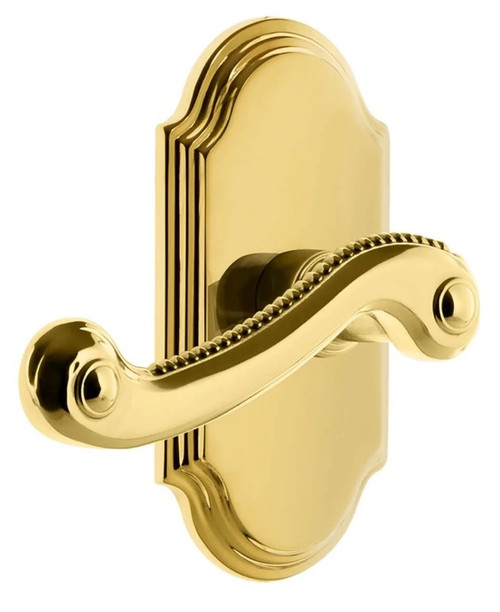 Grandeur Hardware - Arc Short Plate Privacy with Newport Lever in Lifetime Brass - ARCNEW - 885045