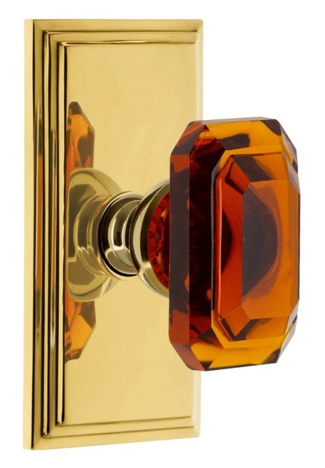 Grandeur Hardware - Carre Short Plate Passage with Baguette Amber Crystal Knob in Lifetime Brass - CARBCA - 885787