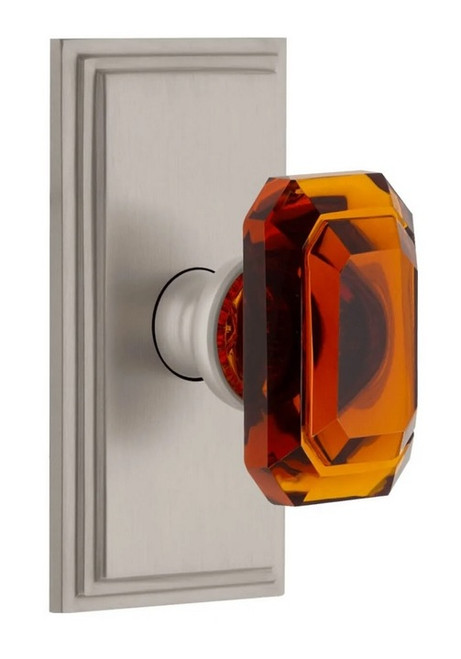 Grandeur Hardware - Carre Short Plate Passage with Baguette Amber Crystal Knob in Satin Nickel - CARBCA - 885791
