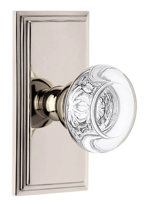 Grandeur Hardware - Carre Short Plate Passage with Bordeaux Crystal Knob in Polished Nickel - CARBOR - 885854