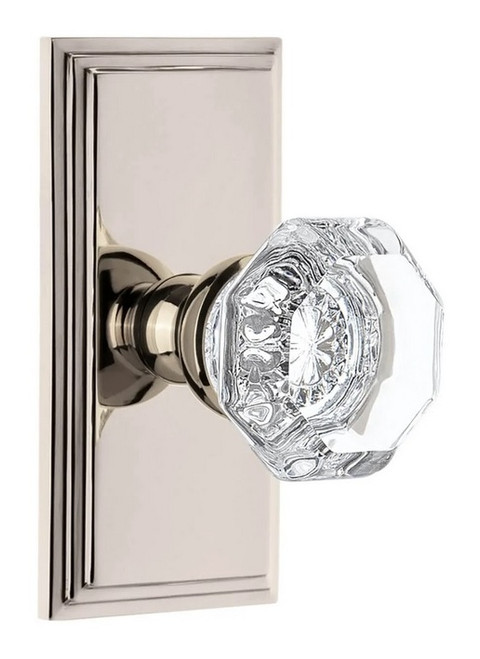 Grandeur Hardware - Carre Short Plate Passage with Chambord Crystal Knob in Polished Nickel - CARCHM - 885910