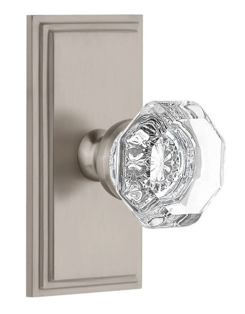 Grandeur Hardware - Carre Short Plate Passage with Chambord Crystal Knob in Satin Nickel - CARCHM - 885911