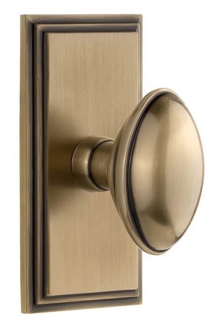 Grandeur Hardware - Carre Short Plate Passage with Eden Prairie Knob in Vintage Brass - CAREDN - 885954