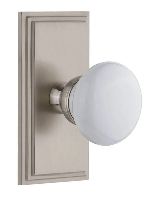 Grandeur Hardware - Carre Short Plate Passage with Hyde Park Knob in Satin Nickel - CARHYD - 885987
