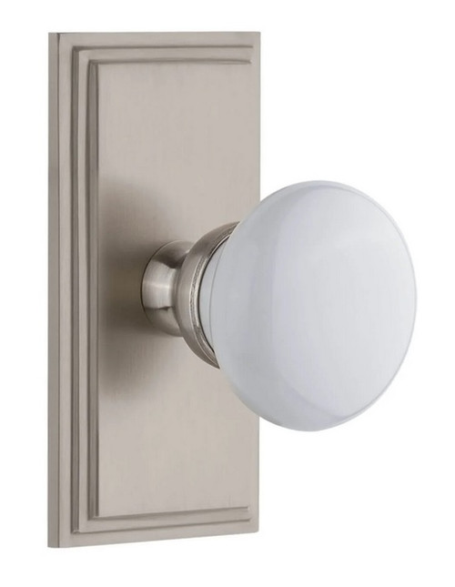Grandeur Hardware - Carre Short Plate Passage with Hyde Park Knob in Satin Nickel - CARHYD - 885995