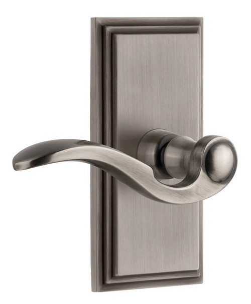Grandeur Hardware - Carre Short Plate Passage with Bellagio Lever in Antique Pewter - CARBEL - 886046