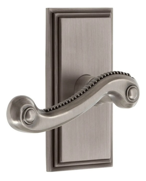 Grandeur Hardware - Carre Short Plate Passage with Newport Lever in Antique Pewter - CARNEW - 886188