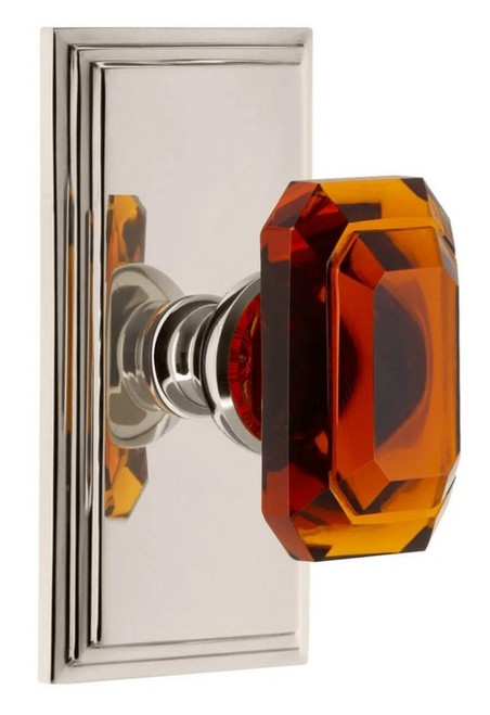 Grandeur Hardware - Carre Short Plate Privacy with Baguette Amber Crystal Knob in Polished Nickel - CARBCA - 886218