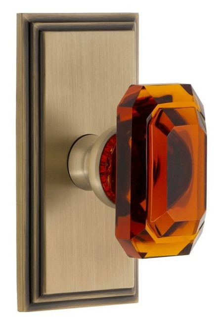 Grandeur Hardware - Carre Short Plate Privacy with Baguette Amber Crystal Knob in Vintage Brass - CARBCA - 886221