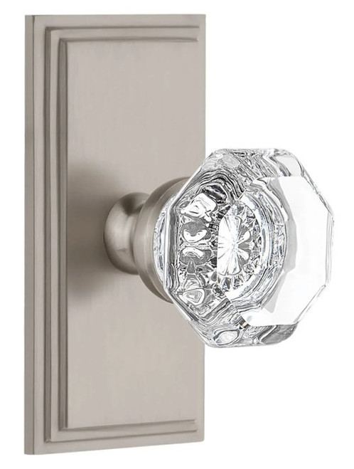 Grandeur Hardware - Carre Short Plate Privacy with Chambord Crystal Knob in Satin Nickel - CARCHM - 886339