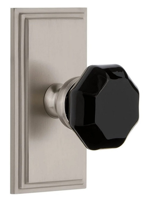 Grandeur Hardware - Carre Short Plate Privacy with Lyon Knob in Satin Nickel - CARLYO - 886439