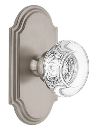 Grandeur Hardware - Arc Short Plate Single Dummy with Bordeaux Crystal Knob in Satin Nickel - ARCBOR - 897445