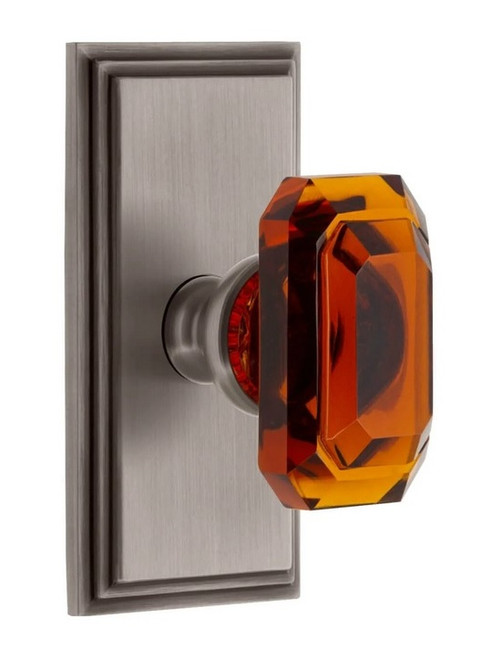 Grandeur Hardware - Carre Short Plate Single Dummy with Baguette Amber Crystal Knob in Antique Pewter - CARBCA - 897770