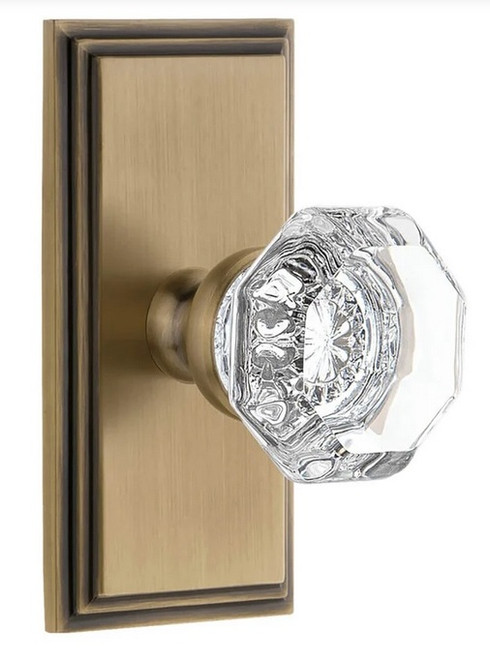 Grandeur Hardware - Carre Short Plate Single Dummy with Chambord Crystal Knob in Vintage Brass - CARCHM - 897830