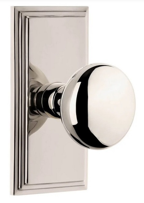 Grandeur Hardware - Carre Short Plate Single Dummy with Fifth Avenue Knob in Polished Nickel - CARFAV - 897858