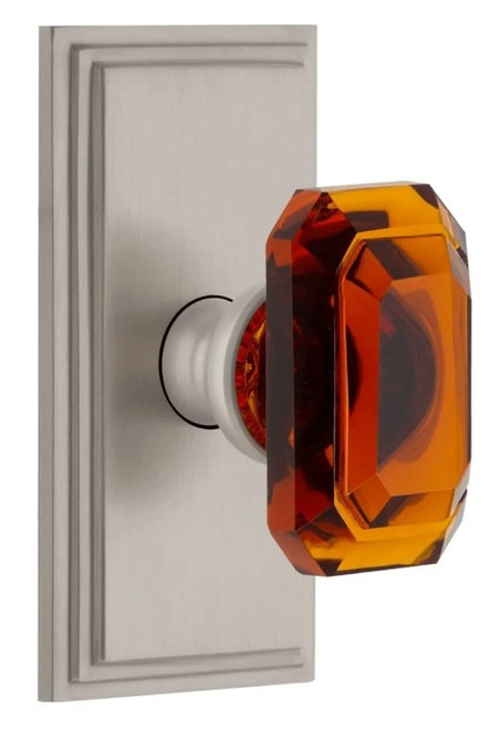 Grandeur Hardware - Carre Short Plate Double Dummy with Baguette Amber Crystal Knob in Satin Nickel - CARBCA - 897973