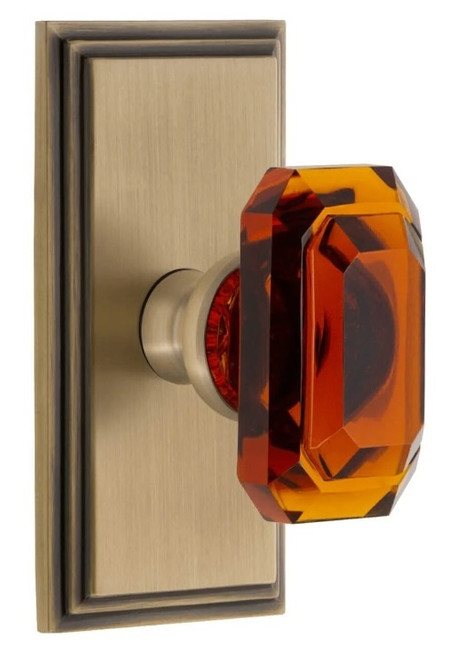 Grandeur Hardware - Carre Short Plate Double Dummy with Baguette Amber Crystal Knob in Vintage Brass - CARBCA - 897975