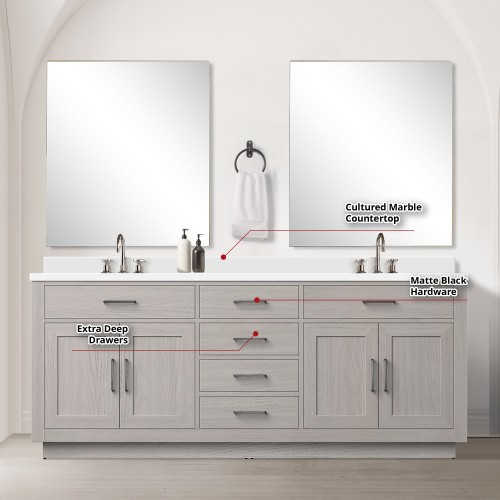 Lexora - Abbey 80" W x 22" D White Oak Double Bath Vanity Cultured Marble Countertop, 30 in Mirrors and Faucet Set - LVA80DM311